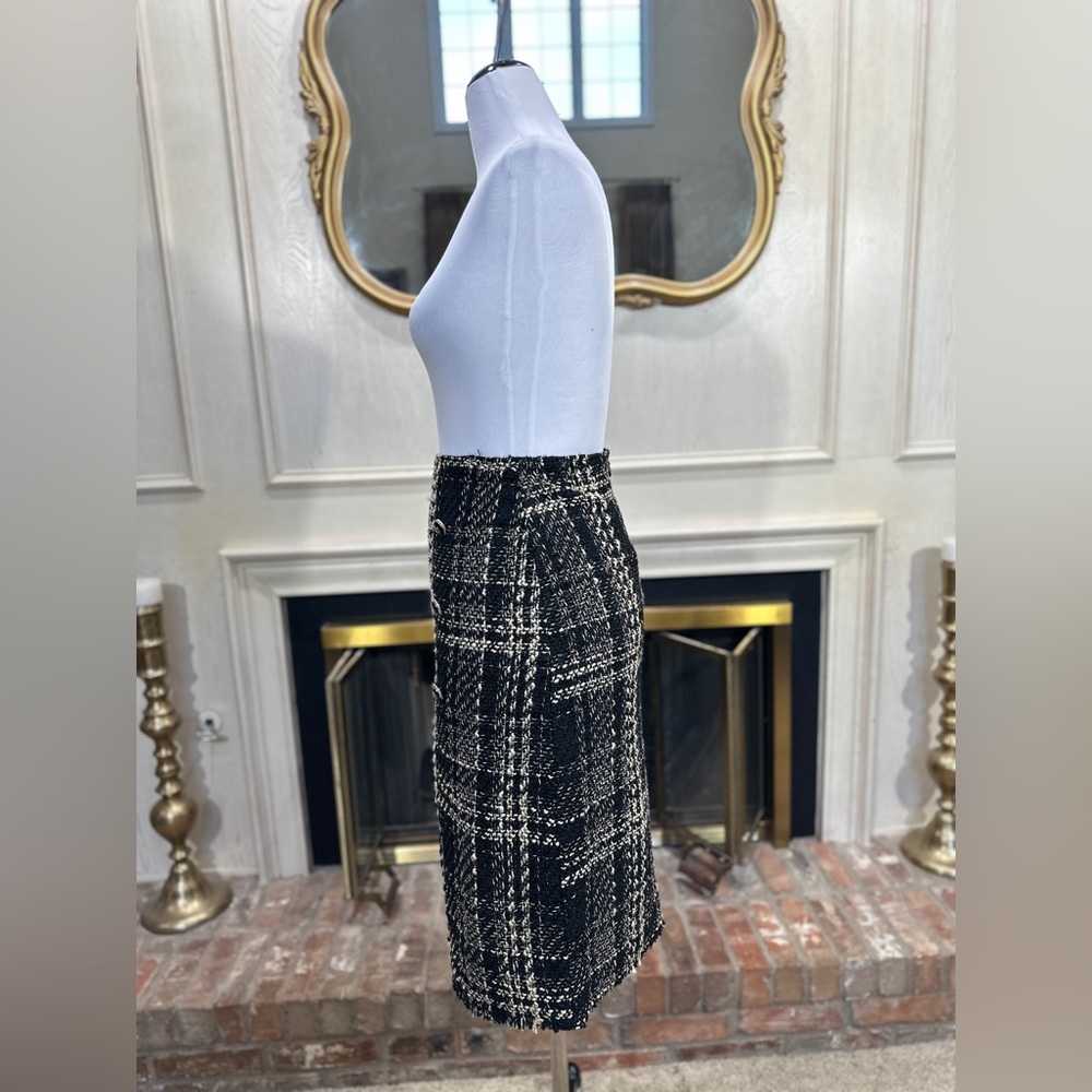 Fate Women’s Tweed Plaid Skirt Black Cream Bouclé Military Button Front‎ S NWT - Picture 4 of 10